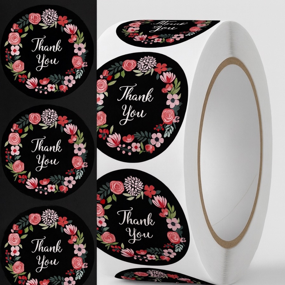 1" Round Frame Thank You Stickers RollFloral Designs packaging supplies
